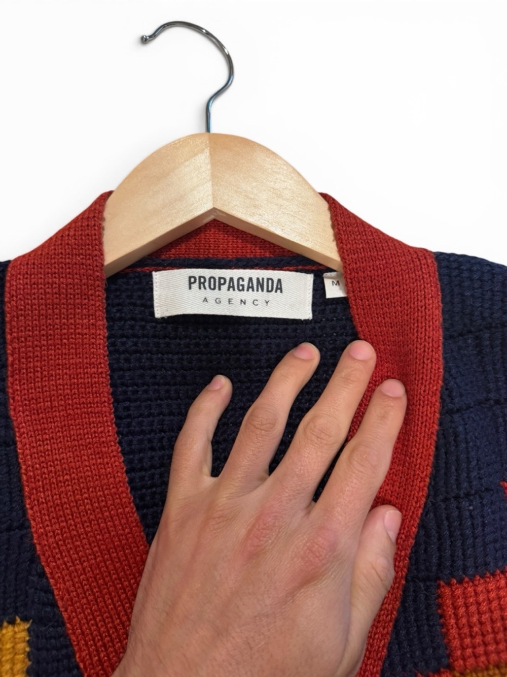Men's Multicolor Geometric Button Cardigan - Red, Navy & Mustard - Picture 2 of 6